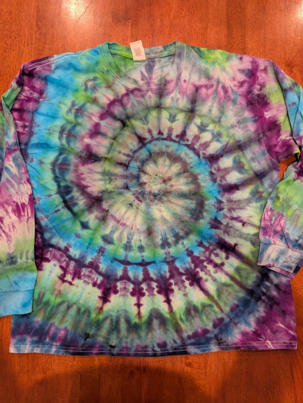 Hand Dyed Spiral Tie Dye Men's XL Long Sleeve T Shirt Blue Green Purple